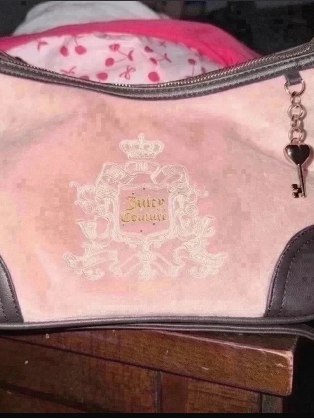 Juicy Couture Pink Suede Shoulder Bag with Brown Trim and Heart Key Charm